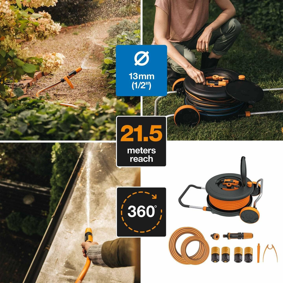 Fiskars Waterwheel M, All-Inclusive-Bewässerungs-Set, 21,5 m Gesamtreichweite, Gartenschlauch in Uni