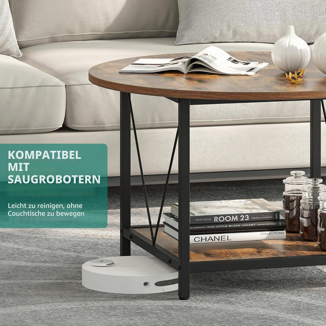 YITAHOME Runder Couchtisch, 80x80x46cm Rustikaler Wohnzimmertisch aus Holz für Wohnzimmer mit Ablage