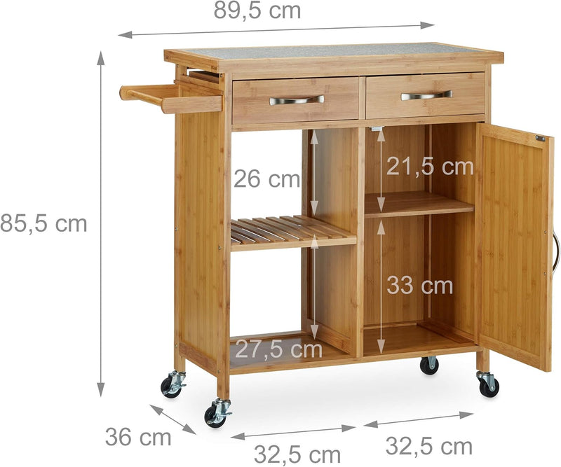 Relaxdays Küchenwagen Holz, Bambus, 4 Rollen, Arbeitsplatte aus Marmor, mit Schubladen, HBT: 85,5 x