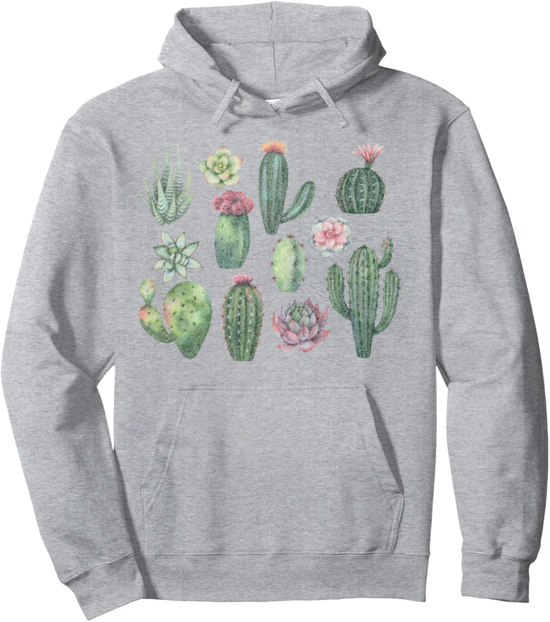 Trendy Watercolor Succulents Grid Pullover Hoodie