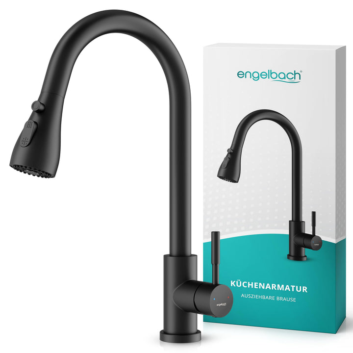 Engelbach® Wasserhahn Küche Schwarz - ausziehbar & 360 Grad schwenkbar für maximale Reichweite - 304