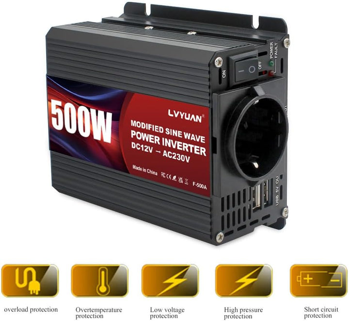 LVYUAN Wechselrichter 12V auf 230V 500W Spannungswandler, Stromwandler mit Dual-USB-Anschluss und EU