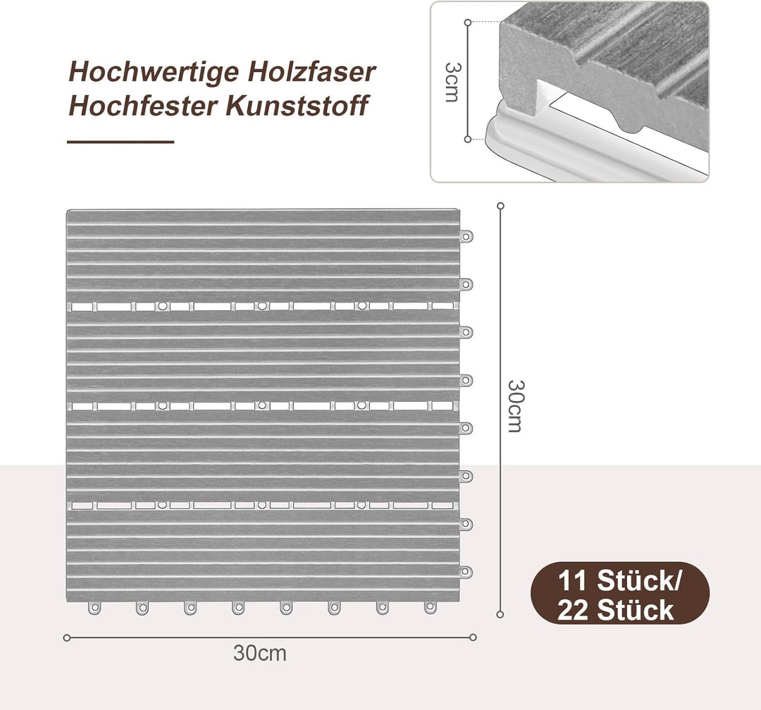 Laneetal WPC Fliesen 11er Set für 1 m², für Aussen Terrasse Balkon, Terrassenfliesen Klicksystem 30x