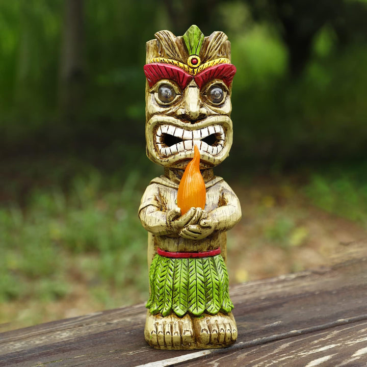 Solar Tiki Fackel Gartenstatue, Harz Tiki Dekor Figur mit solarbetriebenen Lichtern, hawaiianischer