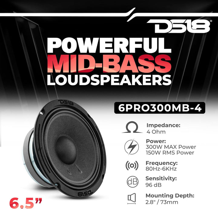 DS18 6PRO300MB-4 PRO 16,5 cm Midbass Lautsprecher Boxen 300 Watt Max Leistung 150 Watt RMS 4 Ohm - L