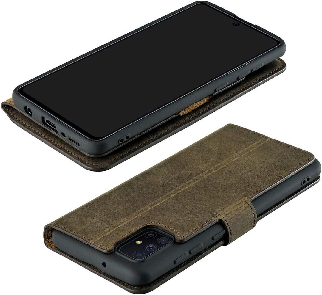 Suncase Book-Style Hülle kompatibel mit Samsung Galaxy M51 Leder Tasche (Slim-Fit) Lederhülle Handyt