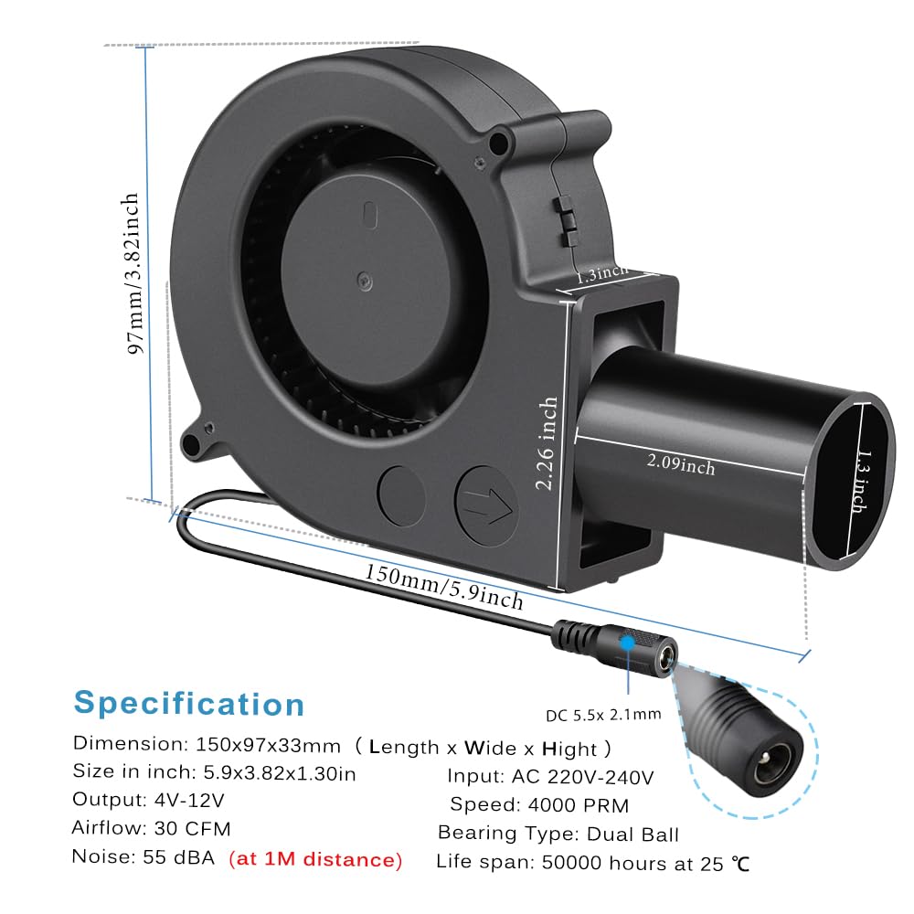 GDSTIME 230V Radial Lüfter 97mm x 33mm Radialventilator DC 4V -12V einstellbar Geschwindigkeit Geblä