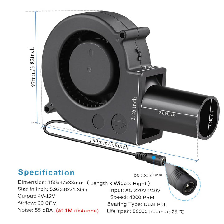 GDSTIME 230V Radial Lüfter 97mm x 33mm Radialventilator DC 4V -12V einstellbar Geschwindigkeit Geblä