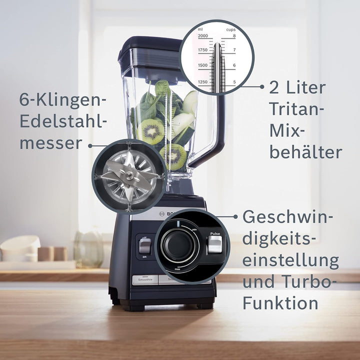Bosch Standmixer VitaBoost MMBH4P3B, 6-Klingen-Edelstahlmesser, 2,5l Tritan-Mixbehälter, Stopfer, 3