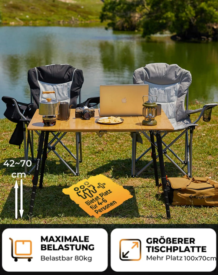 KingCamp Campingtisch Bambus 100x70 cm Klapptisch höhenverstellbar 42~70cm für 2-6 Personen 4 Falten