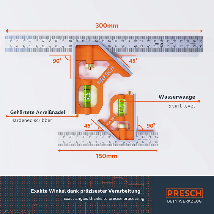 Presch Kombinationswinkel Set 150mm & 300mm - metrisch - Zwei Präzise Universal Kombiwinkel mit Line