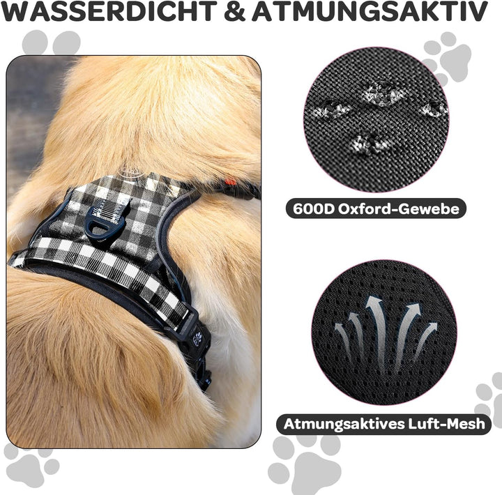 Furryfection Zugfreies Hundegeschirr Reflektierend Plaid Schwarz Grösse S | Strapazierfähiges Oxford