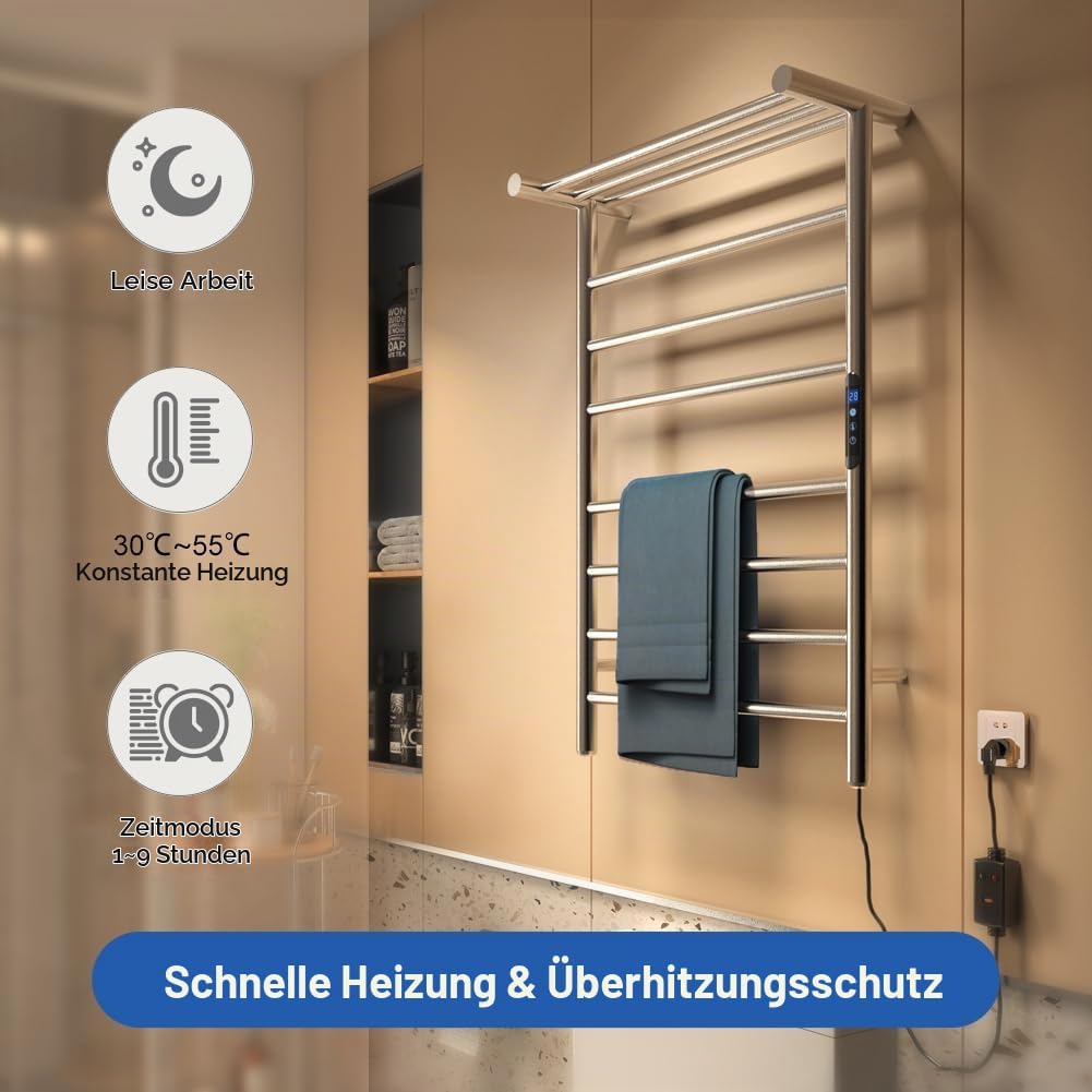 KWW Beheizter Handtuchhalter, Fernbedienung mit APP Tuya, Handtuchwärmer mit Timer, an der Wand Befe