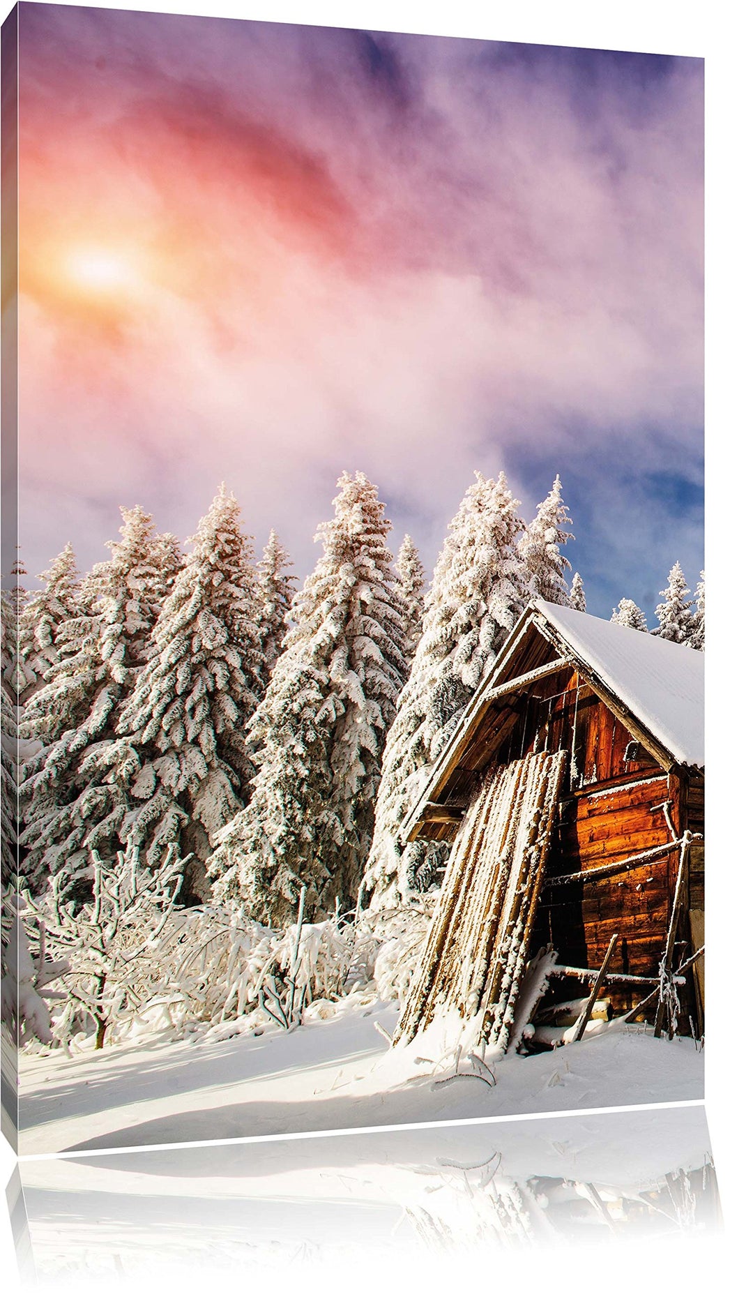 Holzhütte im Schnee, Format: 100x70 auf Leinwand, XXL riesige Bilder fertig gerahmt mit Keilrahmen,