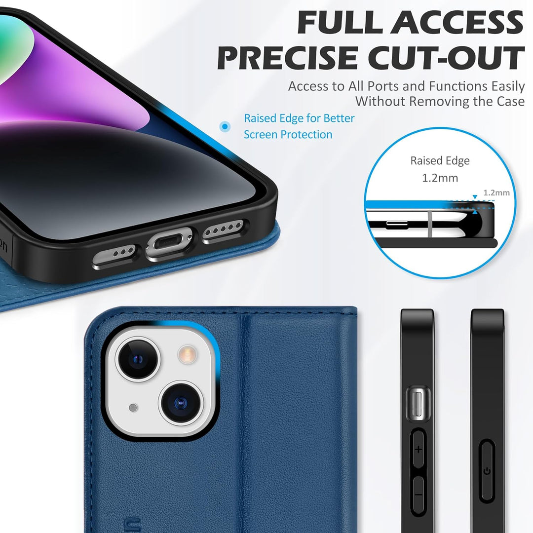 SHIELDON Hülle für iPhone 14 Schutzhülle [Rindsleder] [Stossfest ] [Standfunktion] [Kartenfach] TPU