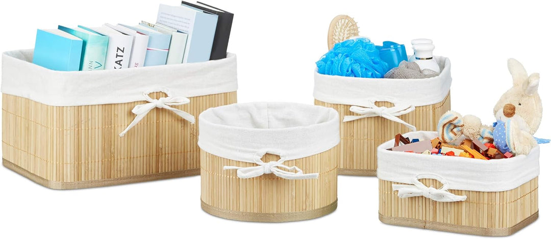 8 x Aufbewahrungskorb Bambus, Aufbewahrungsbox für Regal und Schrank, Dekokorb Stoffeinsatz, Regalko