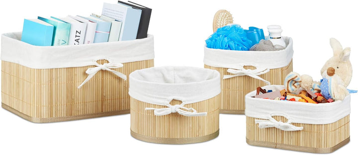 8 x Aufbewahrungskorb Bambus, Aufbewahrungsbox für Regal und Schrank, Dekokorb Stoffeinsatz, Regalko