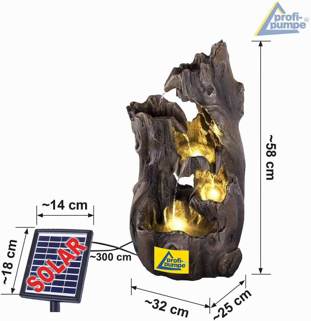 AMUR Solar Gartenbrunnen Brunnen Solarbrunnen Wald-ZAUBER mit LED-Licht, Zierbrunnen Wasserfall Gart