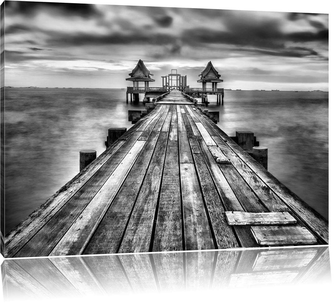 Pixxprint Monocrome, Bootssteg im Sonnenuntergang, Format: 100x70 auf Leinwand, 100x70