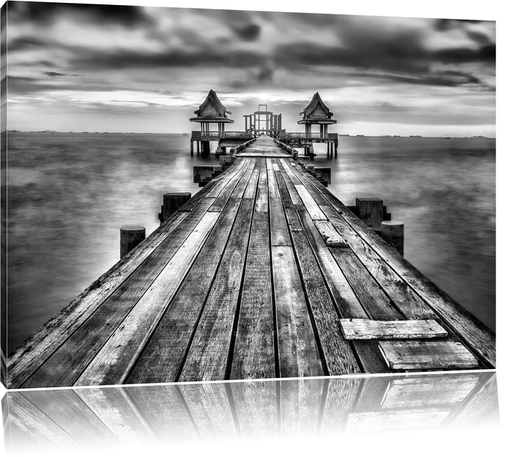 Pixxprint Monocrome, Bootssteg im Sonnenuntergang, Format: 100x70 auf Leinwand, 100x70