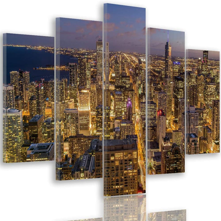 Feeby Leinwandbild 5 Teilig Chicago Bild Wanddeko City Stadt Landschaft orange 150x100 cm Leinwandbi