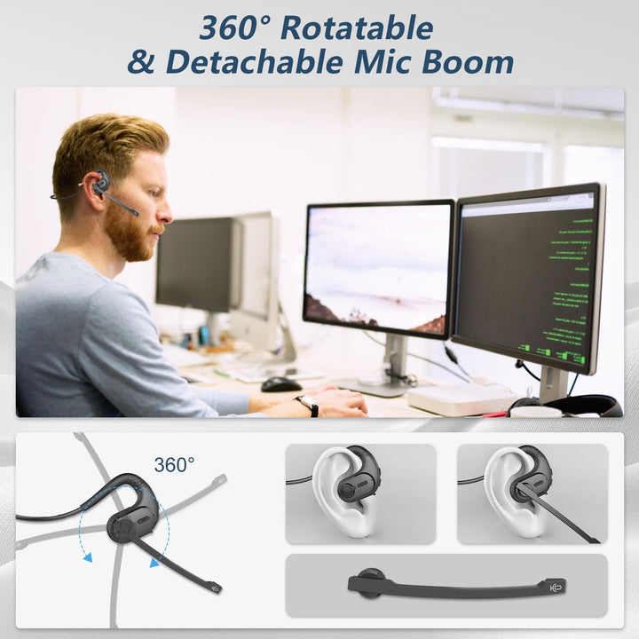 BANIGIPA Bluetooth Headset mit abnehmbarem Mikrofon, Noise Cancelling Wireless Headset für Telefone