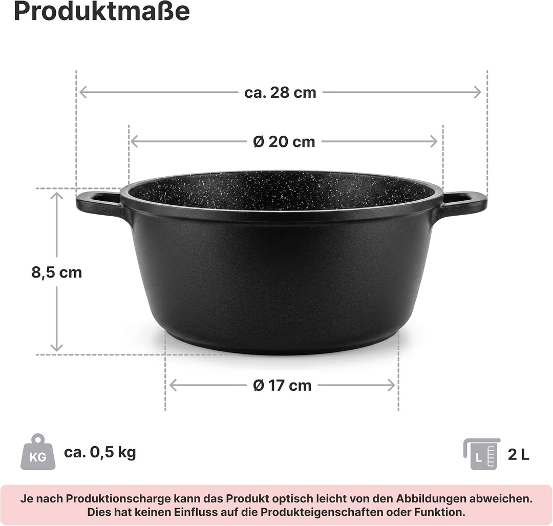 Kochtopf 2,4 L Suppentopf Aluminiumguss Antihaft Milchtopf Induktion Schmortopf 20 cm mit Glasdeckel