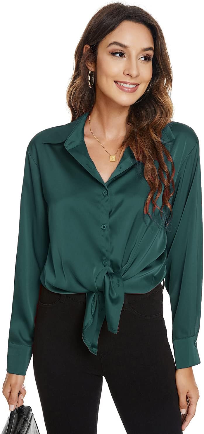 Atnlewhi Damen Bluse Langarm Knöpfen Satin Seide Hemden Basic Kent Kragen Arbeit Büro Formelle Casua