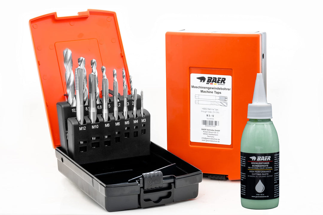 BAER Gewindeschneider Set M3–M12 HSSG inkl. Schneidpaste – Gewindebohrer Satz mit Kernlochbohrer & D