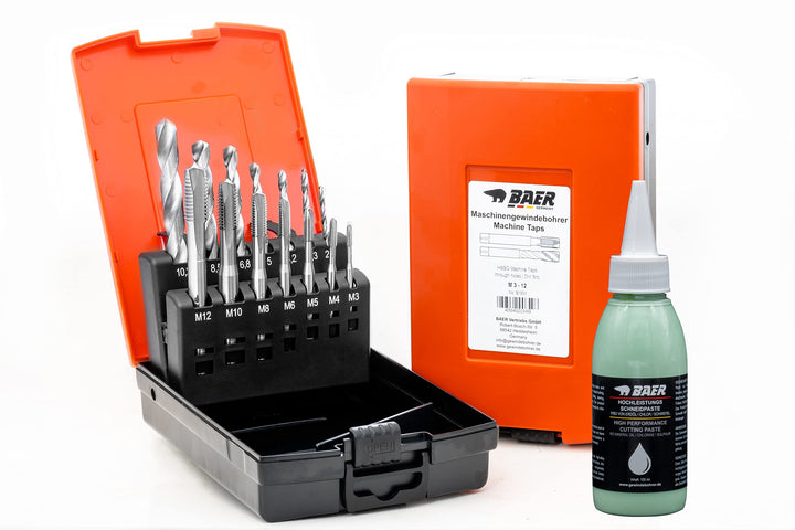 BAER Gewindeschneider Set M3–M12 HSSG inkl. Schneidpaste – Gewindebohrer Satz mit Kernlochbohrer & D