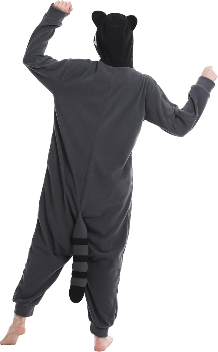 dressfan Unisex Waschbär Kostüm Tier Raccoon Onesie Pyjama Schlafanzug Jumpsuits Halloween Karneval