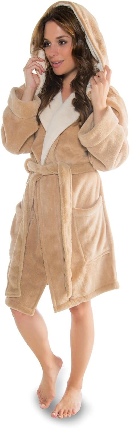 CelinaTex XS-XXXL Bademantel Kapuze zweifarbig kurz aufgesetzte Taschen Damen Mikrofaser Kuschelflee