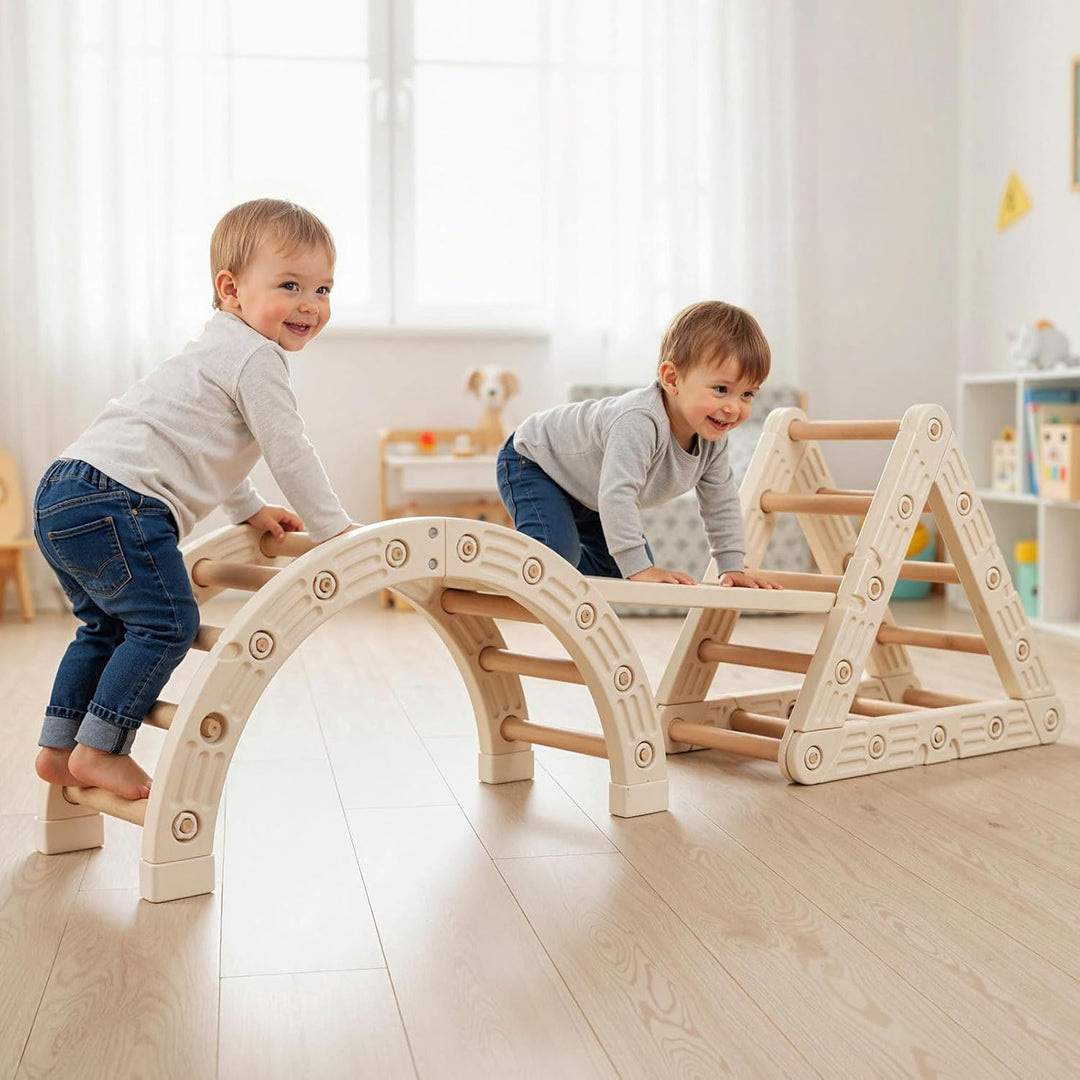 Costway 5-in-1 Klettergerüst Indoor, Kletterdreieck mit Kletterbogen & Holzdreieck & Rutsche, inkl.