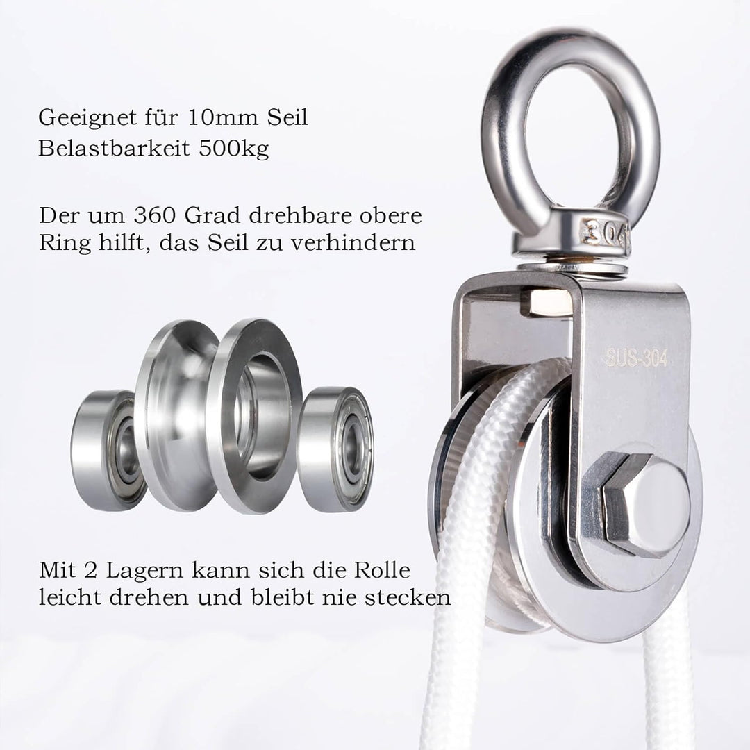 Umlenkrolle Edelstahl für Stahlseil, Seilrolle mit 2 Kugellager für 10mm seile, Tragkraft 500kg Outd