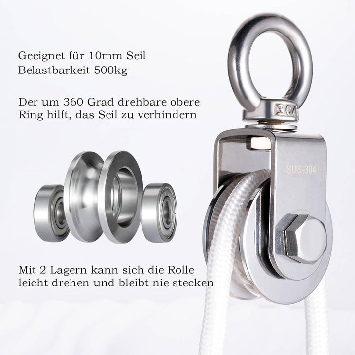 Umlenkrolle Edelstahl für Stahlseil, Seilrolle mit 2 Kugellager für 10mm seile, Tragkraft 500kg Outd