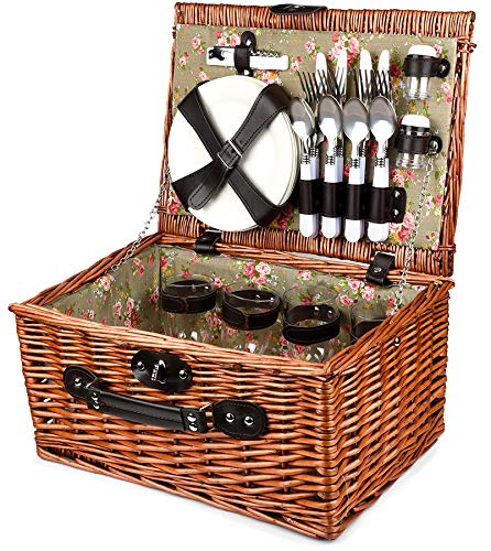 Picknickkorb für 4 Personen Inklusive Bestecksets, Korkenzieher, Weingläser und Keramikteller - 29 x