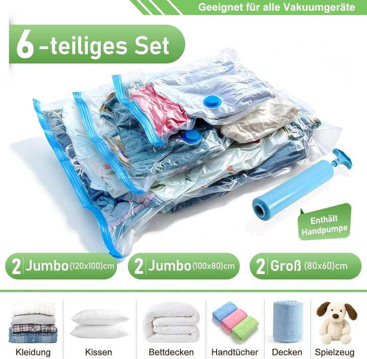 Vakuumbeutel 6 Stück 2 Jumbo 120x100cm + 2 Jumbo 100x80cm + 2 Gross 80x60cm, Platzsparend Vacuum Bag