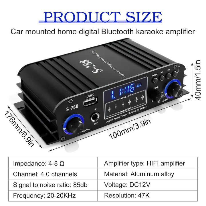 4-Kanal Verstärker, 1200W Audio Leistungsverstärker Bluetooth 5.0, 30Wx4 mit USB/Mikrofon/FM mit Fer