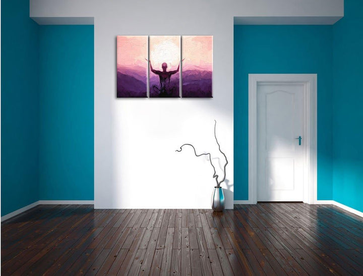 Pixxprint Yoga in den Bergen Kunst Pinsel Effekt 3-Teiler Leinwandbild 120x80 Bild auf Leinwand