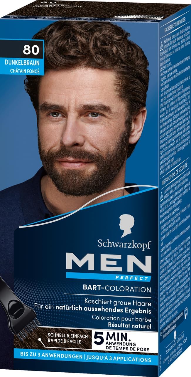 Schwarzkopf Men Perfect Bart-Coloration 80 Natur Schwarz-Braun Stufe 2 (4x 30 ml), Bartfärbemittel z