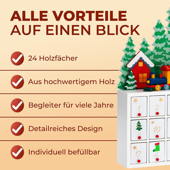 SPIELWERK® Adventskalender Winterlandschaft zum Befüllen wiederverwendbar 24 Türchen Bunt Bemalt Wei