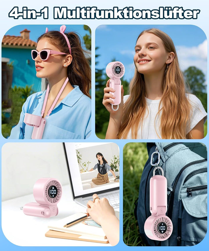 Handventilator mit LED-Anzeige, Mini Ventilator Tragbar Akku Wiederaufladbar, Faltbar USB Tischventi