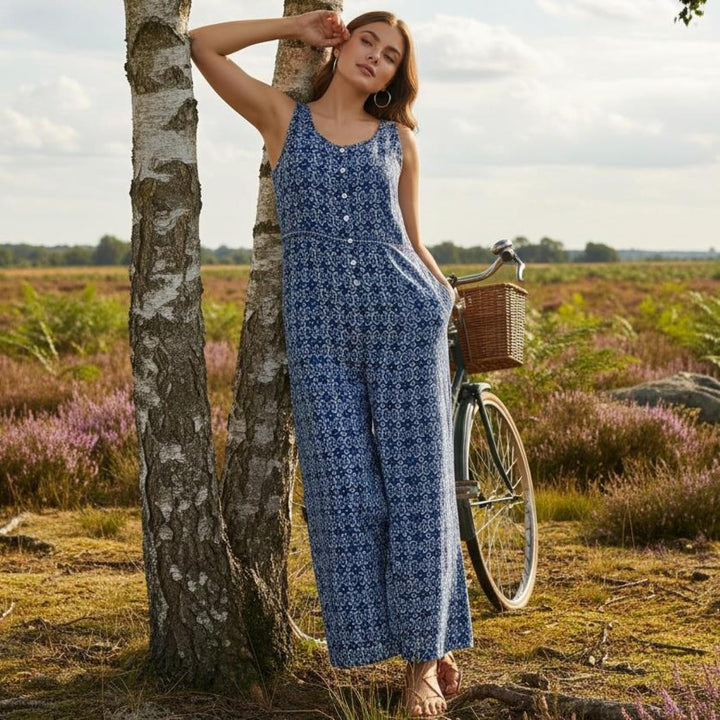 GURU SHOP Sommerliche Latzhose, Ethno Style Oversize Einteiler, Blockdruck Overall, Damen, Baumwolle