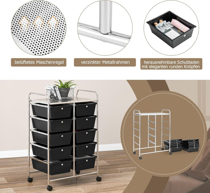 GOPLUS Rollwagen mit 10 Schubladen stapelbar, Rollcontainer mit Ablage & Metallgestell, Badregal, Au