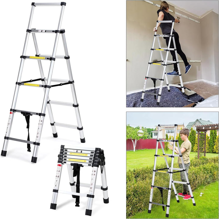 Eulenke Teleskopleiter 1.4m+1.7m Aluminium Trittleiter 4+5 Stufen Tragbare rutschfeste Klappleiter,