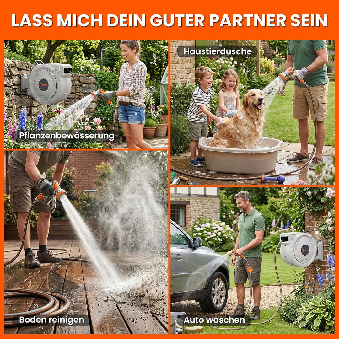 Schlauchtrommel Wasser 45m + 2m, 180° Schwenkbar Wand-Schlauchbox, Automatischer Gartenschlauch trom