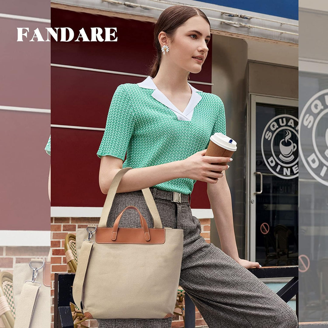 FANDARE Leichte Handtaschen Leinwand gross Schultertasche Damen Umhängetasche für 12.9 Zoll Laptopta