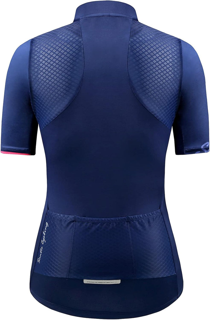 Radtrikot Damen Kurzarm Fahrrad MTB Shirts Top Taschen Reissverschluss Atmungsaktiv Sommer, Navy XL