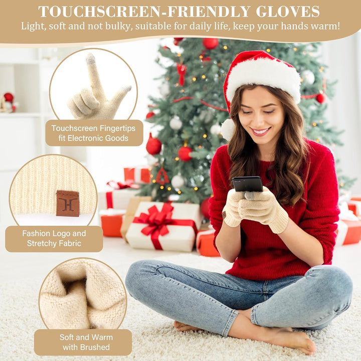 Bequemer Laden Damen Winter Warm Pompom Mütze Touchscreen Handschuhe Lang Schal Set mit Fleece Gefüt
