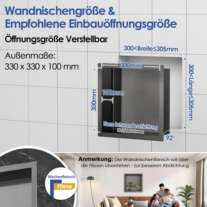 ROVOGO 30x30x10cm Nano Schwarz Wandnische Dusche Edelstahl, Eingebettete Duschnische Einzelregal Lag
